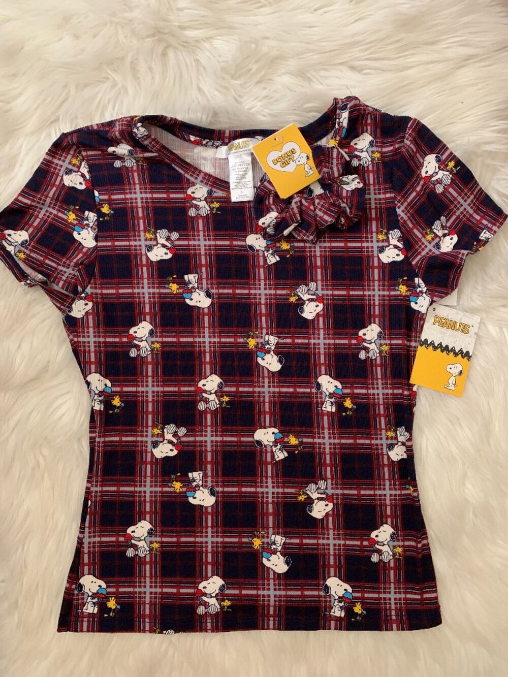 PEANUTS Snoopy Ice Cream Plaid Ribbed Knit Tee with Bonus Sz LARGE